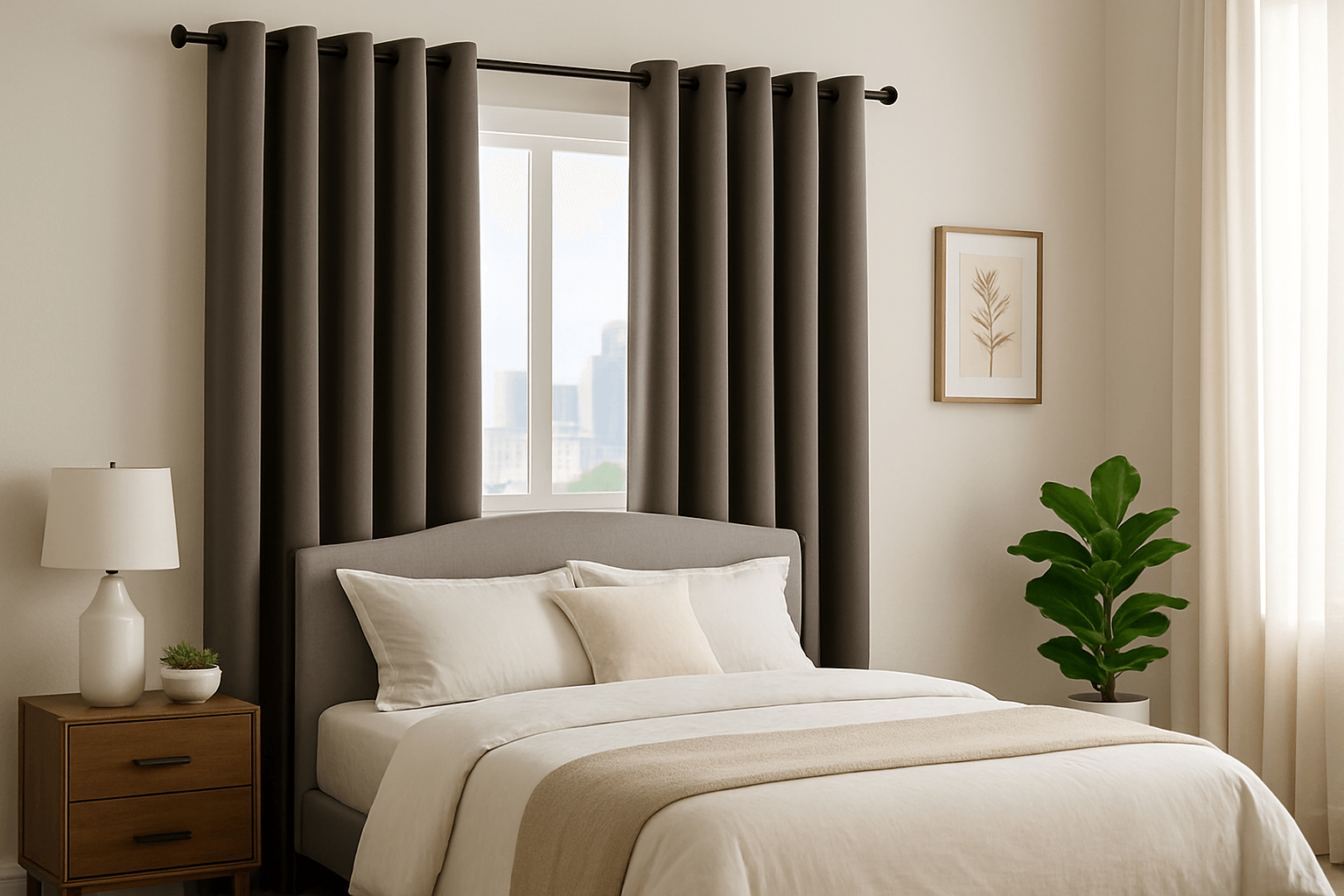 Blackout Curtains in Doha – Bedroom Setup by Blinds in Doha Modern bedroom in Doha with blackout curtains by Blinds in Doha, blocking sunlight for improved sleep and privacy.